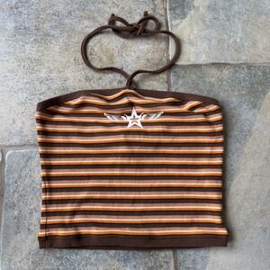 Y2K Forever 21 Brown Striped Halter Tube Top Size Small Wings Logo Kirsten Dunst